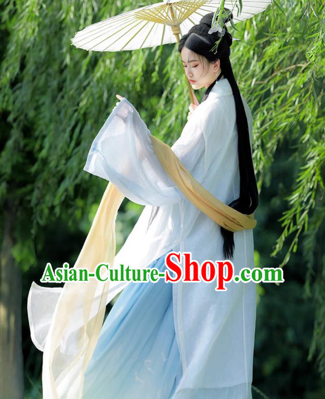 China Ancient Goddess Clothing Song Dynasty Young Lady Costumes Traditional Light Blue Hanfu Dresses