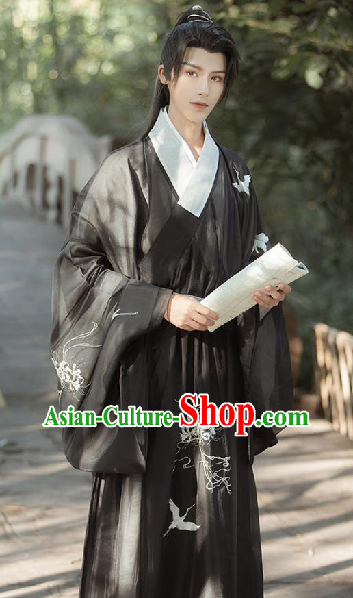 Male Traditional Hanfu Black Outfit China Ming Dynasty Young Childe Clothing Ancient Scholar Costumes