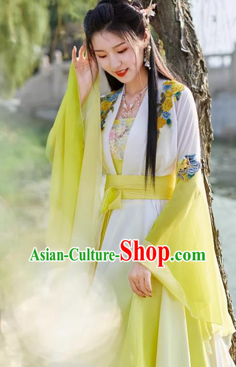 China Yellow Wide Sleeve Flow Fairy Dress Ancient Fairy Costume Tang Dynasty Woman Clothing