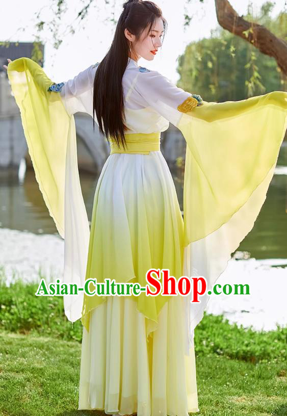 China Yellow Wide Sleeve Flow Fairy Dress Ancient Fairy Costume Tang Dynasty Woman Clothing