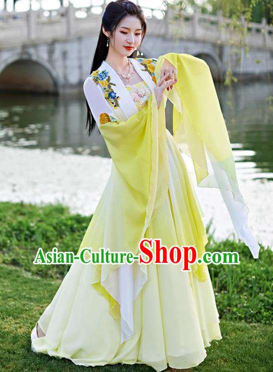 China Yellow Wide Sleeve Flow Fairy Dress Ancient Fairy Costume Tang Dynasty Woman Clothing