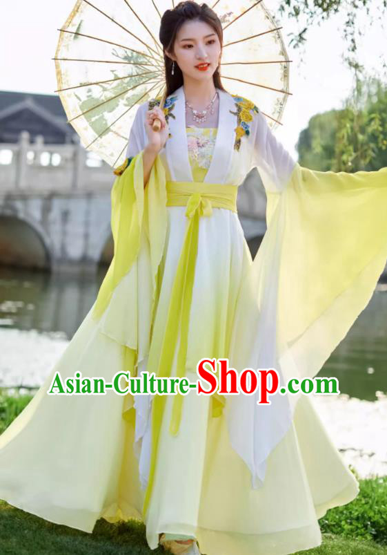 China Yellow Wide Sleeve Flow Fairy Dress Ancient Fairy Costume Tang Dynasty Woman Clothing
