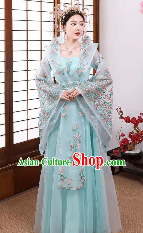 China Tang Dynasty Empress Clothing Blue Hanfu Dress Ancient Royal Queen Costume