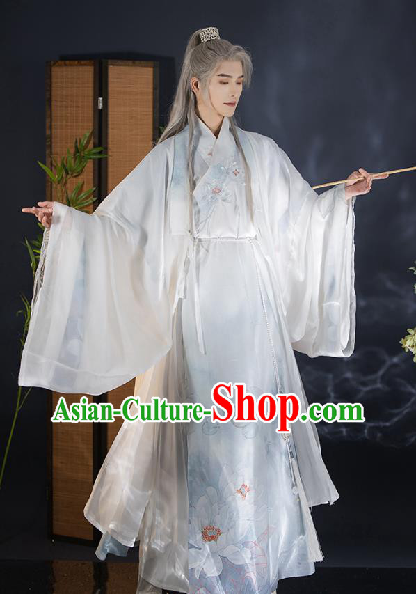 China Song Dynasty Historical Costumes Male White Hanfu Ancient Swordsman Clothing