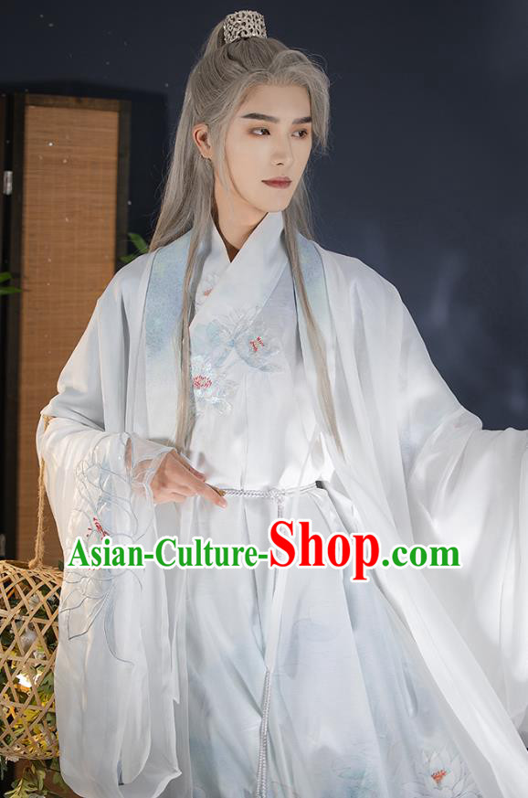 China Song Dynasty Historical Costumes Male White Hanfu Ancient Swordsman Clothing