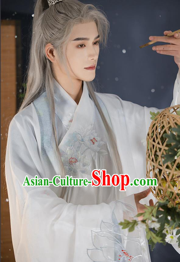 China Song Dynasty Historical Costumes Male White Hanfu Ancient Swordsman Clothing
