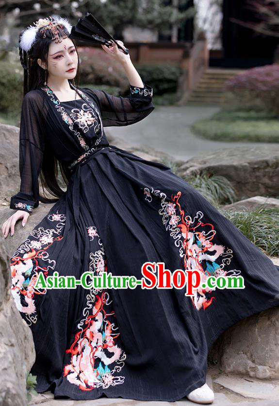 China Female Hanfu Black Ruqun Ancient Fairy Clothing Song Dynasty Embroidered Historical Costumes