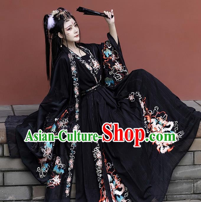 China Female Hanfu Black Ruqun Ancient Fairy Clothing Song Dynasty Embroidered Historical Costumes