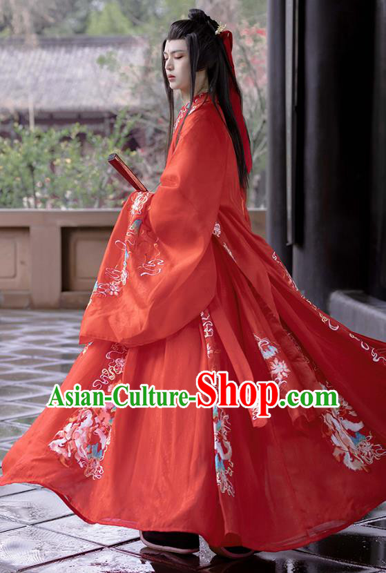 China Song Dynasty Young Childe Replica Costumes Hanfu Embroidered Wedding Dress Ancient Scholar Red Clothing