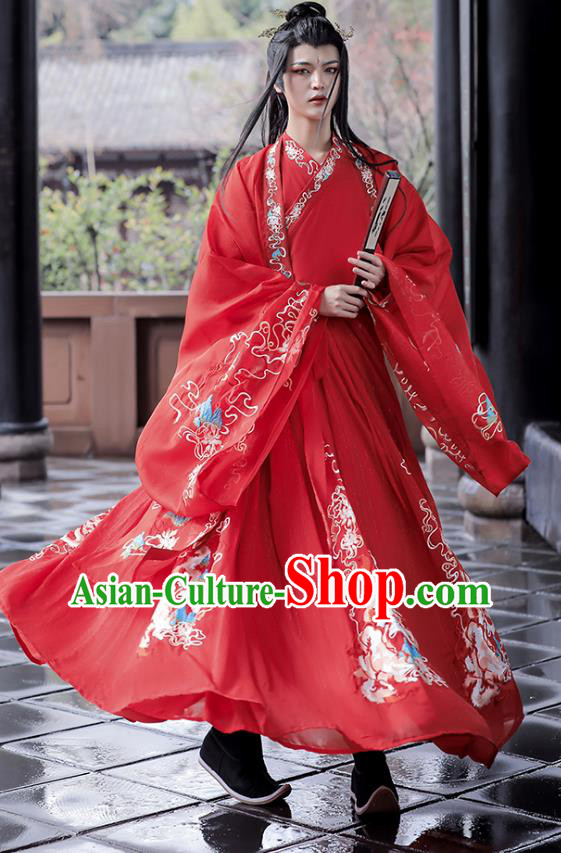 China Song Dynasty Young Childe Replica Costumes Hanfu Embroidered Wedding Dress Ancient Scholar Red Clothing