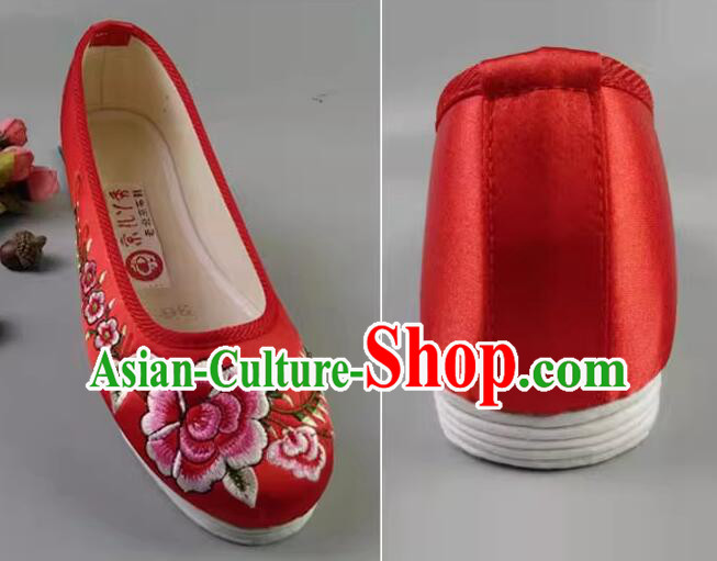 Chinese Embroidered Peony Shoes Handmade Old Peking Strong Cloth Soles Shoes Red Satin Shoes