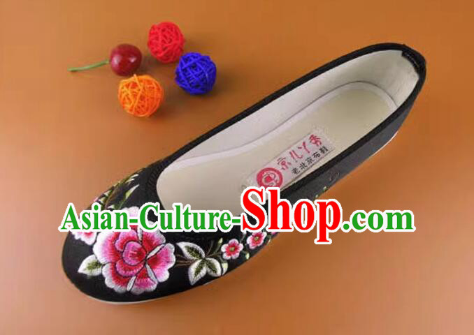 Chinese Handmade Old Peking Strong Cloth Soles Shoes Black Satin Shoes Embroidered Peony Shoes