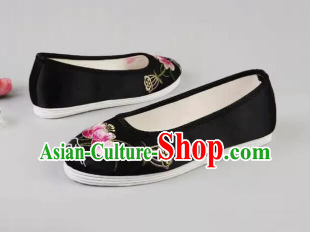 Handmade Old Peking Shoes Black Satin Shoes Chinese Embroidered Shoes