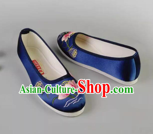 Chinese Dark Blue Satin Shoes Embroidered Lotus Shoes Handmade Old Peking Shoes