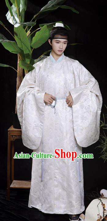 China Ming Dynasty Scholar Costumes Traditional Hanfu Male White Round Collar Robe Ancient Royal Prince Clothing