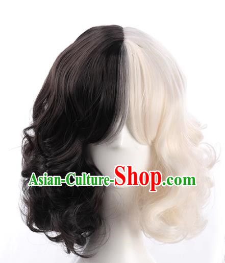 European And American Style Black And White Double Color High Temperature Wire Wig For Ladies With Short Curly Hair