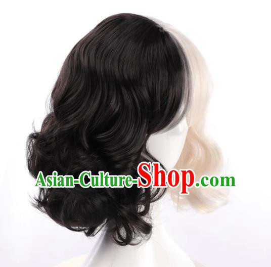 European And American Style Black And White Double Color High Temperature Wire Wig For Ladies With Short Curly Hair