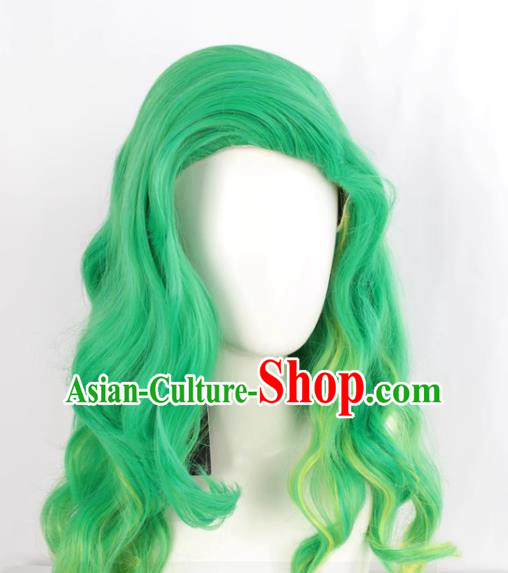 European And American Front Flip Up Style Women Whole Wig Green Gradient Yellow Large Wavy Medium Long Curly Hair