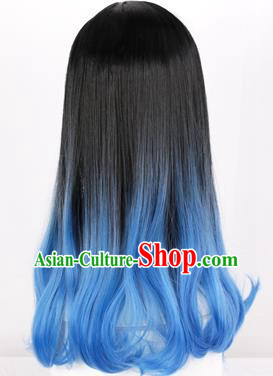 Black Gradient Sapphire Blue Dyed Mid Length Inner Button Curly Hair Ladies Daily Air Bangs Full Wig