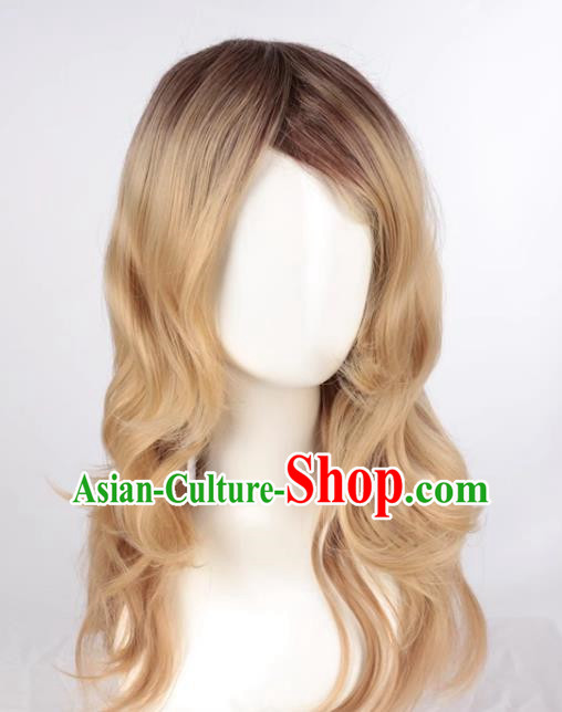 Mixed Flaxen Slightly Curly Mid Length Women Slanted Bangs Full Wig