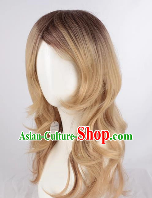 Mixed Flaxen Slightly Curly Mid Length Women Slanted Bangs Full Wig