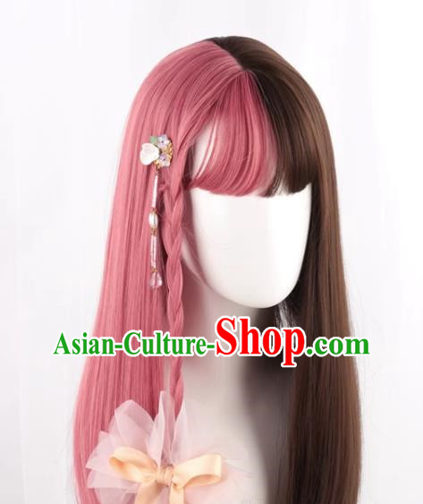 Wig For Women With Long Straight Hair Lolita Natural Internet Celebrity Color Matching Gradient Pink And Brown Two Color Girl Full Fake Hair