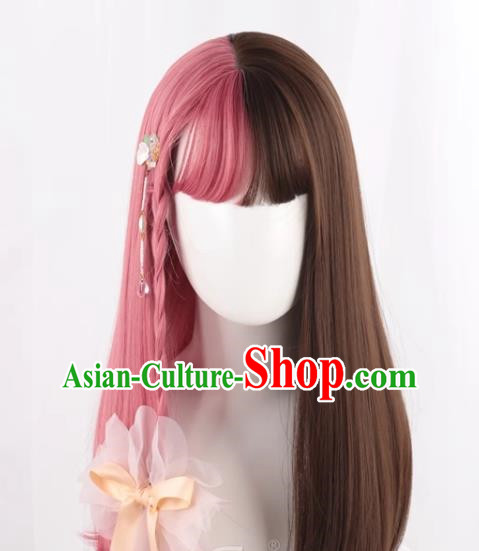 Wig For Women With Long Straight Hair Lolita Natural Internet Celebrity Color Matching Gradient Pink And Brown Two Color Girl Full Fake Hair