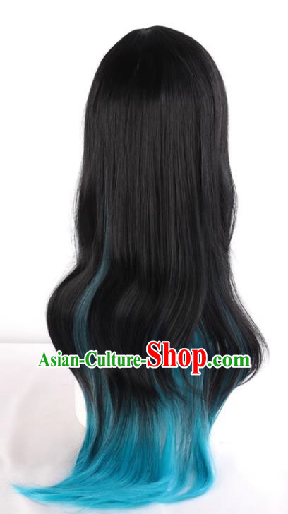 Harajuku Long Straight Hair Black Mixed Blue Gradient Fake Hair Cosplay Rose Net Full Wig