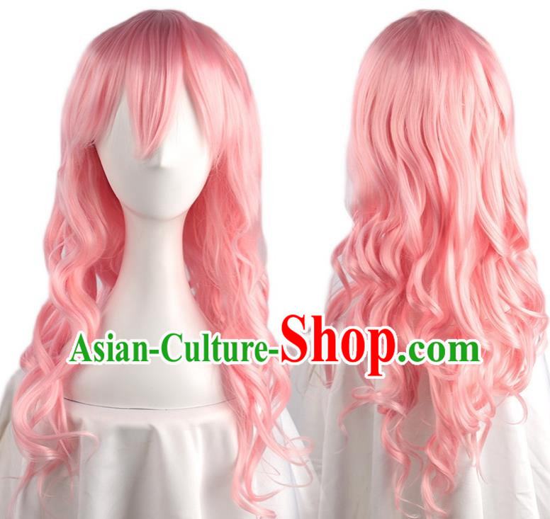 High Temperature Silk Rose Mesh Water Pink Oblique Bangs Big Wavy Long Curly Hair Cos Wig