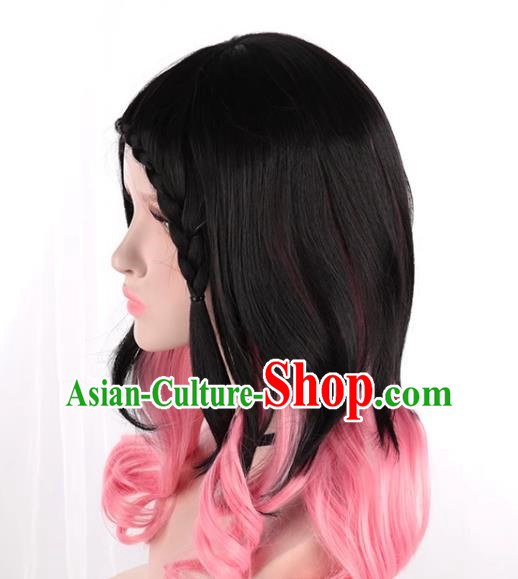 Lolita Girls Fake Hair Black Mixed Pink Side Braids Cos Daily Wig