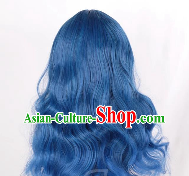 Mixed Blue Air Bangs Long Curly Hair European And American Medium Length Cosplay Party Big Wave Wig