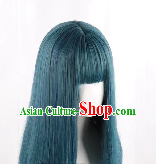 Wig For Women With Medium Long Straight Hair Fashionable Mixed Blue Clavicle Hair Full Headband Inner Buckle At The End Trendy Short Straight Hair