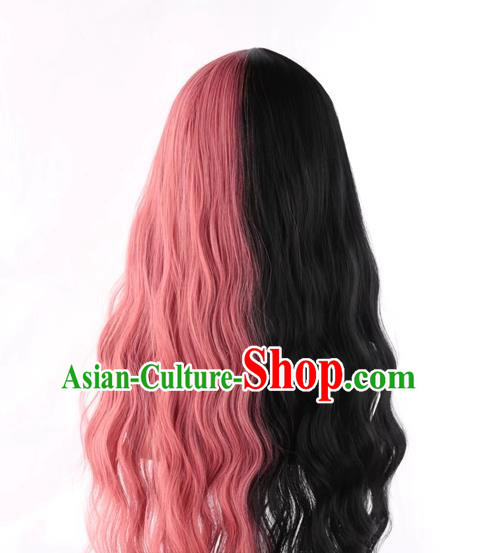 Double Color Black Pink Lolita Girl With Full Bangs Corn Perm Slightly Curly Long Hair Full Wig