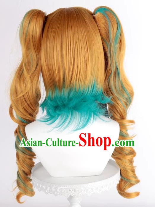 The Binder Shinzan Renzi Golden Brown Turquoise Highlighted Cos Wig Main Body Double Ponytail Long Curly Hair