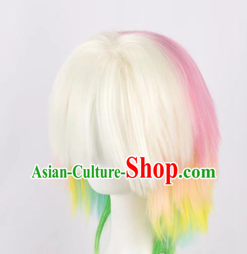 Rainbow Mixed Short Straight Hair Fluffy Women's Cosplay Short Hair Yellow Green White Gradient Wig