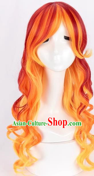 Ladies Gradient Long Curly Hair Red Gradient Orange Long Hair European And American Cosplay Nightclub Full Wig