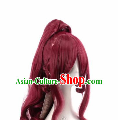 Dark Wine Red Long Curly Hair Single Ponytail Cos Wig