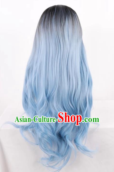 Black Gradient Ice Blue Middle Parted Women Fashion Long Curly Hair High Temperature Silk Prom Performance Full Wig