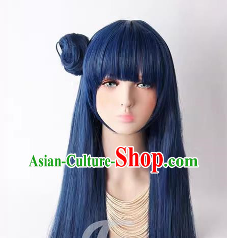 Lovelive ! Sunshine !! Yoshiko Tsushima Mixed Blue Long Straight Hair Hair Bag Cos Wig