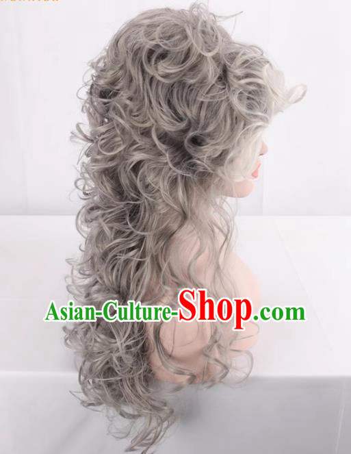 European And American Palace High Hat Style Mixed Gray Ladies Full Fake Hair Long Curly Hair Cosplay Wig