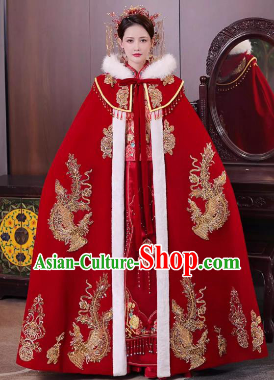 China Ancient Bride Costume Traditional Hanfu Wedding Clothing Embroidered Red Cloak
