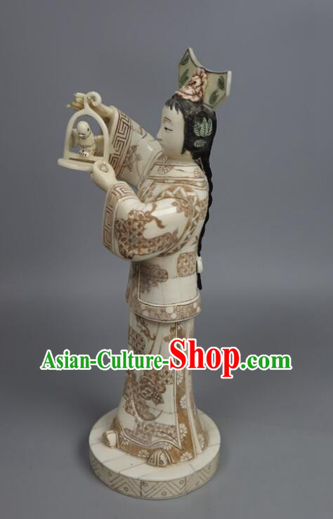 Chinese Handmade Ox Bone Handicraft Sculpture Qing Dynasty Palace Lady Statue