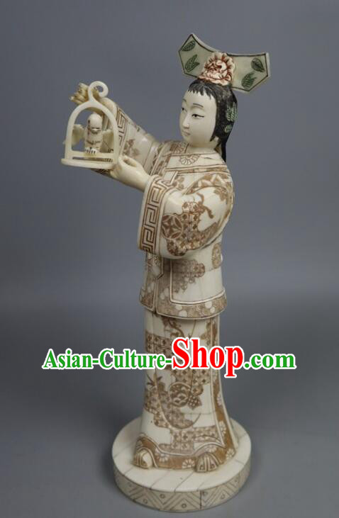 Chinese Handmade Ox Bone Handicraft Sculpture Qing Dynasty Palace Lady Statue