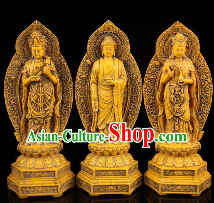 Chinese Ox Bone Carving Collections Handicraft Sculptures Handmade Western Three Buddha Statues