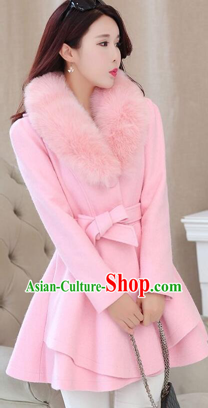 Woman Plus Size Costume Winter Female Pink Woolen Jacket Elegant Slim Fur Collar Coat