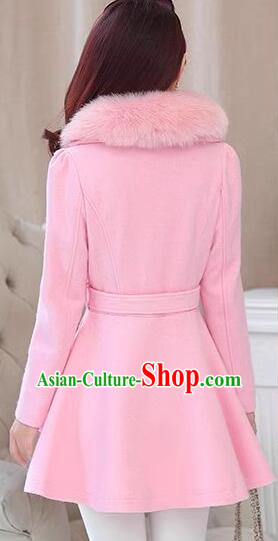 Woman Plus Size Costume Winter Female Pink Woolen Jacket Elegant Slim Fur Collar Coat