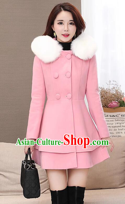 Woman Elegant Slim Fur Collar Coat Plus Size Costume Winter Female Pink Woolen Jacket