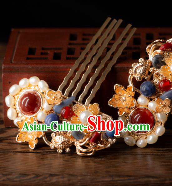 China Ming Dynasty Pearl Hair Combs Ancient Empress Hair Jewelries Handmade Hanfu Accessories