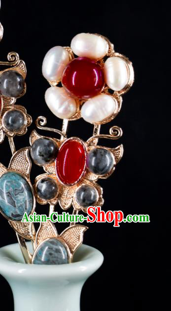 Ancient Empress Gems Hairpins Handmade Hanfu Hair Jewelries China Song Dynasty Pearl Hair Clips