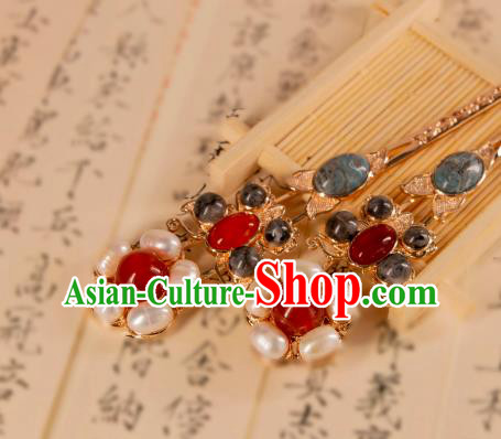 Ancient Empress Gems Hairpins Handmade Hanfu Hair Jewelries China Song Dynasty Pearl Hair Clips
